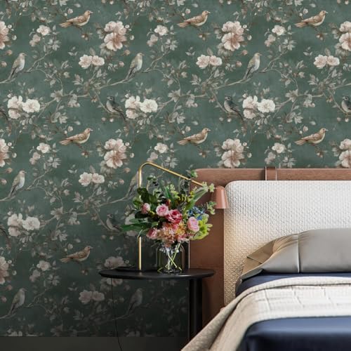 Nukofal Green Bird Peel and Stick Wallpaper Vintage Floral Contact Paper 16.9inchx118.1inch Bird Floral Wall Paper Boho Self Adhesive Removable Wallpaper for Bedroom Bathroom Cabinet Decor Vinyl - Image 2