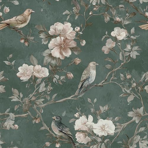 Nukofal Green Bird Peel and Stick Wallpaper Vintage Floral Contact Paper 16.9inchx118.1inch Bird Floral Wall Paper Boho Self Adhesive Removable Wallpaper for Bedroom Bathroom Cabinet Decor Vinyl - Image 1