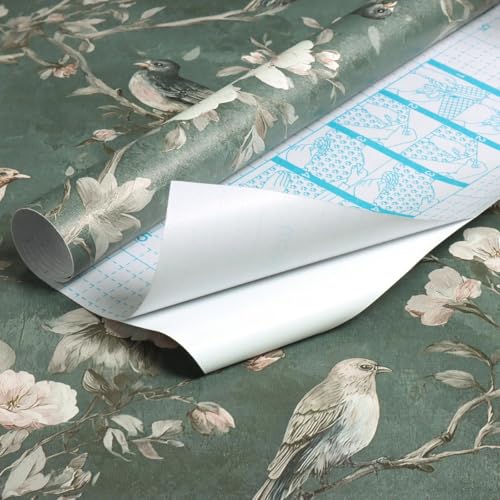 Nukofal Green Bird Peel and Stick Wallpaper Vintage Floral Contact Paper 16.9inchx118.1inch Bird Floral Wall Paper Boho Self Adhesive Removable Wallpaper for Bedroom Bathroom Cabinet Decor Vinyl - Image 5