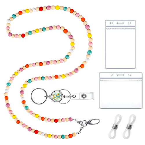 WSICSE Beaded Lanyard for ID Badges Wooden Teacher Lanyard with ID Holder for Eyeglasses Chains Badge Lanyards Teacher Gift, Valentine's Day Gift for Kids - Image 1