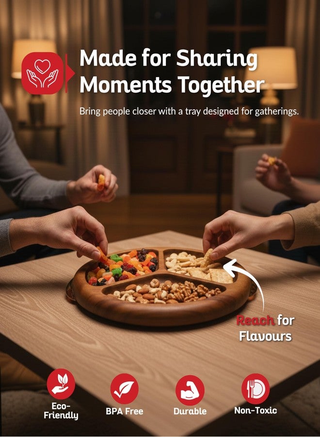 Boxiki Kitchen صينية تقديم من خشب الأكاسيا بمقابض ذهبية، لوح تقديم دائري بثلاثة أقسام، طبق خشبي مزخرف لطاولة القهوة، مناسب للوجبات الخفيفة والجبن والمقبلات، ولتقديم وجبة الإفطار في السرير، هدية مثالية للمنزل الجديد أو للمضيفة - Image 4