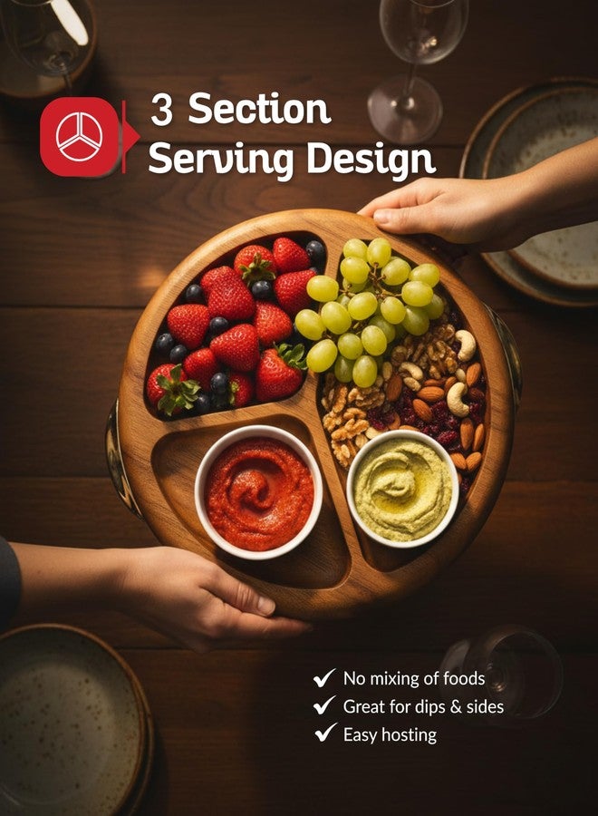 Boxiki Kitchen صينية تقديم من خشب الأكاسيا بمقابض ذهبية، لوح تقديم دائري بثلاثة أقسام، طبق خشبي مزخرف لطاولة القهوة، مناسب للوجبات الخفيفة والجبن والمقبلات، ولتقديم وجبة الإفطار في السرير، هدية مثالية للمنزل الجديد أو للمضيفة - Image 3
