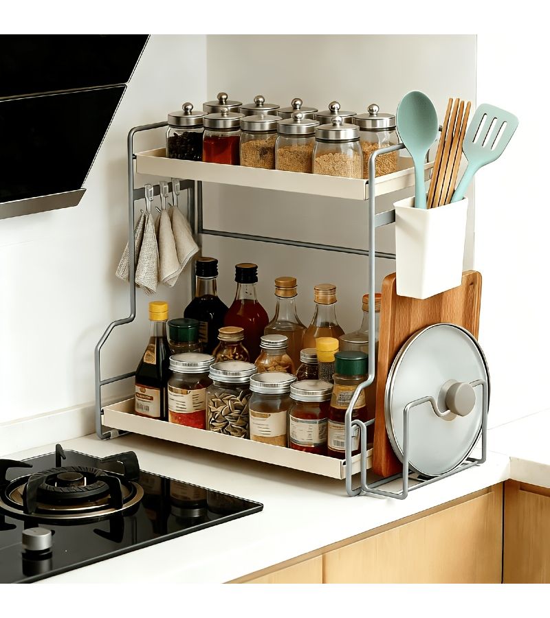 New Kitchen Storage Rack With Cutting Board Slot And Spice Storage Double Layer Large Capacity Polished Surface With Metal Tray Convenient For Countertop Use Vertical Shelf Chopstick And Cutting Board Rack - Image 1