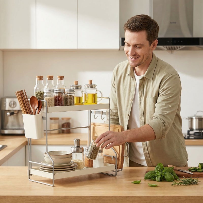 New Kitchen Storage Rack With Cutting Board Slot And Spice Storage Double Layer Large Capacity Polished Surface With Metal Tray Convenient For Countertop Use Vertical Shelf Chopstick And Cutting Board Rack - Image 2