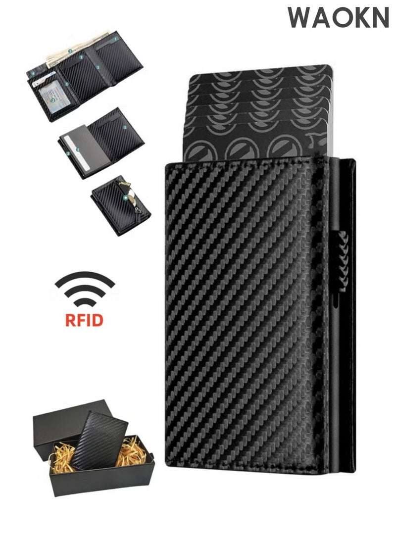 WAOKN Men's credit card holder wallet, equipped with anti-theft tracking system, leather pop-up card wallet, with banknote compartment, ID card window, coin bag and magnetic seal, men's gift carbon fiber black. - Image 1