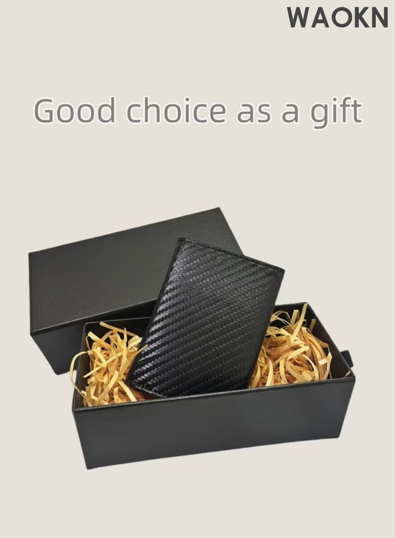 WAOKN Men's credit card holder wallet, equipped with anti-theft tracking system, leather pop-up card wallet, with banknote compartment, ID card window, coin bag and magnetic seal, men's gift carbon fiber black. - Image 2