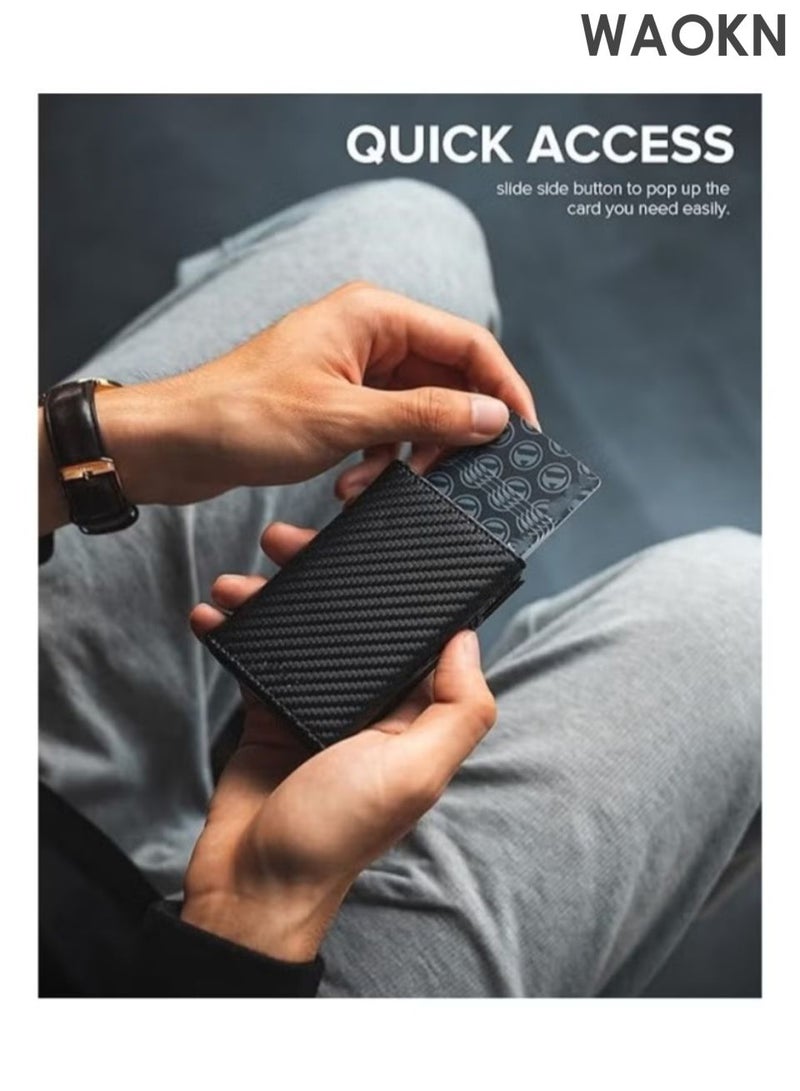 WAOKN Men's credit card holder wallet, equipped with anti-theft tracking system, leather pop-up card wallet, with banknote compartment, ID card window, coin bag and magnetic seal, men's gift carbon fiber black. - Image 3