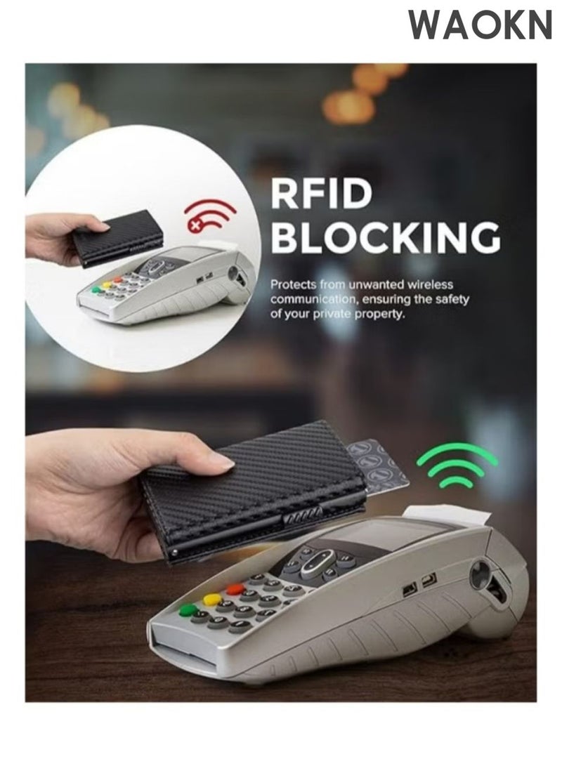 WAOKN Men's credit card holder wallet, equipped with anti-theft tracking system, leather pop-up card wallet, with banknote compartment, ID card window, coin bag and magnetic seal, men's gift carbon fiber black. - Image 5