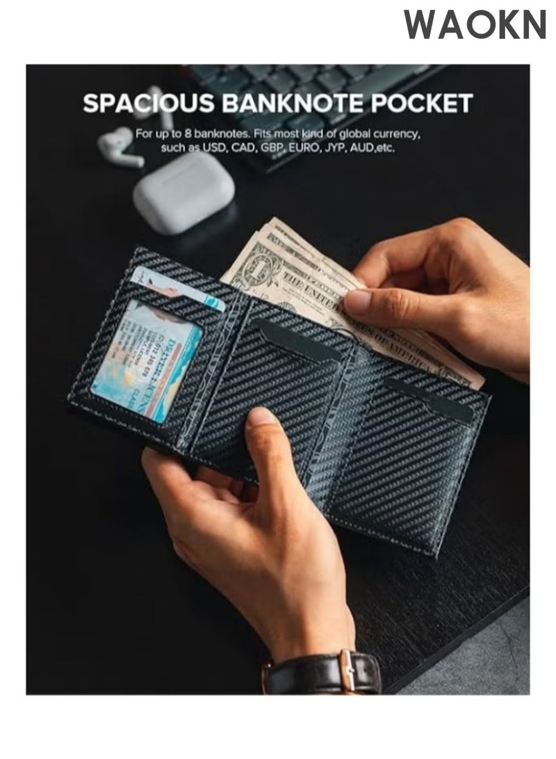 WAOKN Men's credit card holder wallet, equipped with anti-theft tracking system, leather pop-up card wallet, with banknote compartment, ID card window, coin bag and magnetic seal, men's gift carbon fiber black. - Image 4
