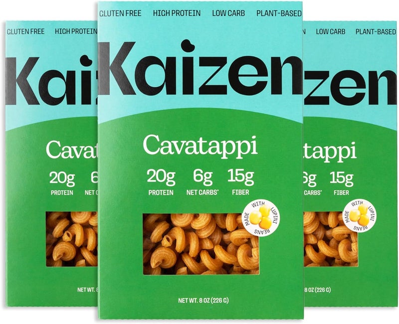 Kaizen Food Company مكرونة كافاتابي من شركة كايزن فود - منخفضة الكربوهيدرات وعالية البروتين - صديقة للكيتو، نباتية، مصنوعة من دقيق اللوبياء الغني بالألياف - 8 أونصات (عبوة من 3) - Image 1