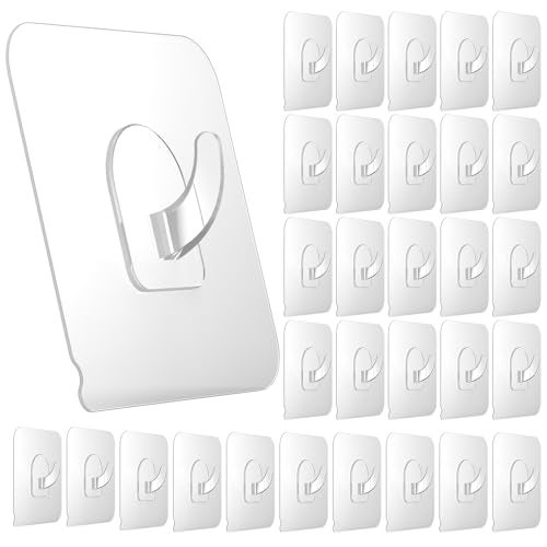 Ninth Five 30 Pack Adhesive Hooks for Hanging, 22lb Heavy Duty Wall Hooks, Clear Plastic Sticky Utility Hook for Home Kitchen Bathroom Office Use - Image 1