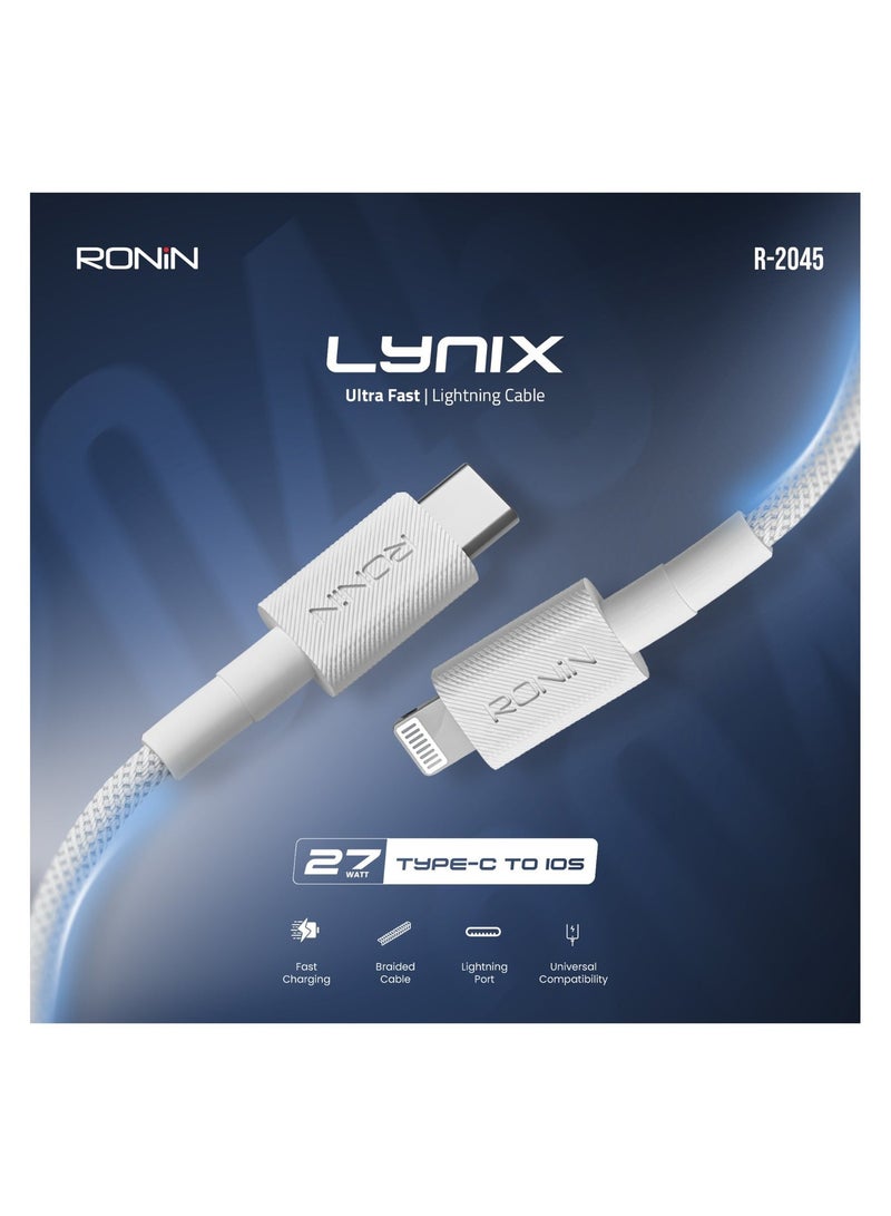 رونين كابل رونين لينكس R-2045 من Type-C إلى Lightning - شحن سريع 27 واط - تصميم مجدول محمي - نقل بيانات - طول 1.2 متر - متوافق مع آيفون 14/13/12/11 وآيباد وايربودز - أبيض - Image 4