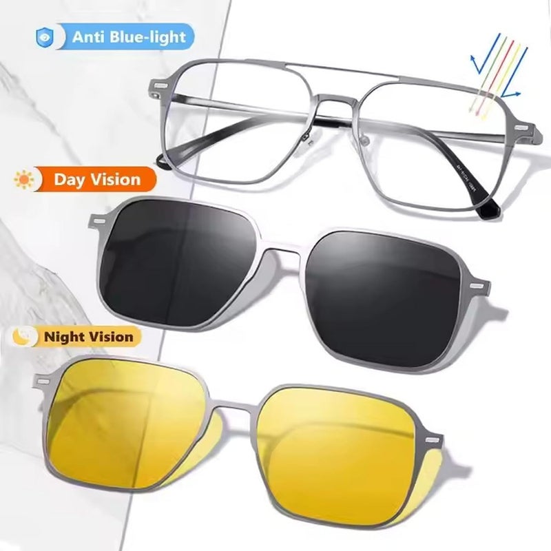 Dervin 3 in 1 Magnetic Clip on Glasses for Men and Women | UV Protected Polarized Sunglasses | Titanium Frame Anti-Glare Bluelight Blocking Computer Glasses | Yellow Glasses for Driving - Image 3