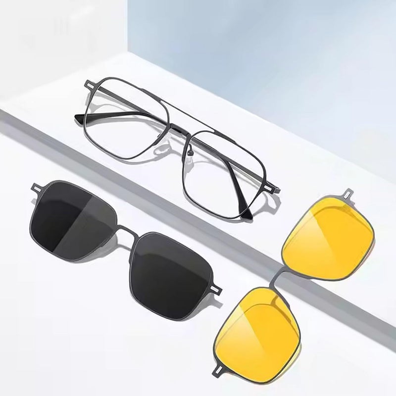 Dervin 3 in 1 Magnetic Clip on Glasses for Men and Women | UV Protected Polarized Sunglasses | Titanium Frame Anti-Glare Bluelight Blocking Computer Glasses | Yellow Glasses for Driving - Image 2