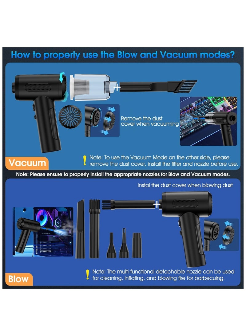 منفضة هواء مضغوط، منفضة هواء مضغوط، 3 في 1 مكنسة لاسلكية محمولة باليد/منفضة هواء لاسلكية/منفضة هواء كهربائية قابلة للتعديل، منفضة هواء كهربائية/منفضة هواء لاسلكية مع إضاءة LED للإلكترونيات والديكورات الداخلية للسيارة والاستخدام المنزلي - Image 4