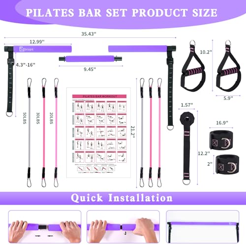 Bbtops Pilates Bar Kit with Resistance Bands, Multifunctional Pilates Bar Full Body Workout Equipment,Pilates Equipment for Women and Men Home Gym Yoga - Purple - Image 5