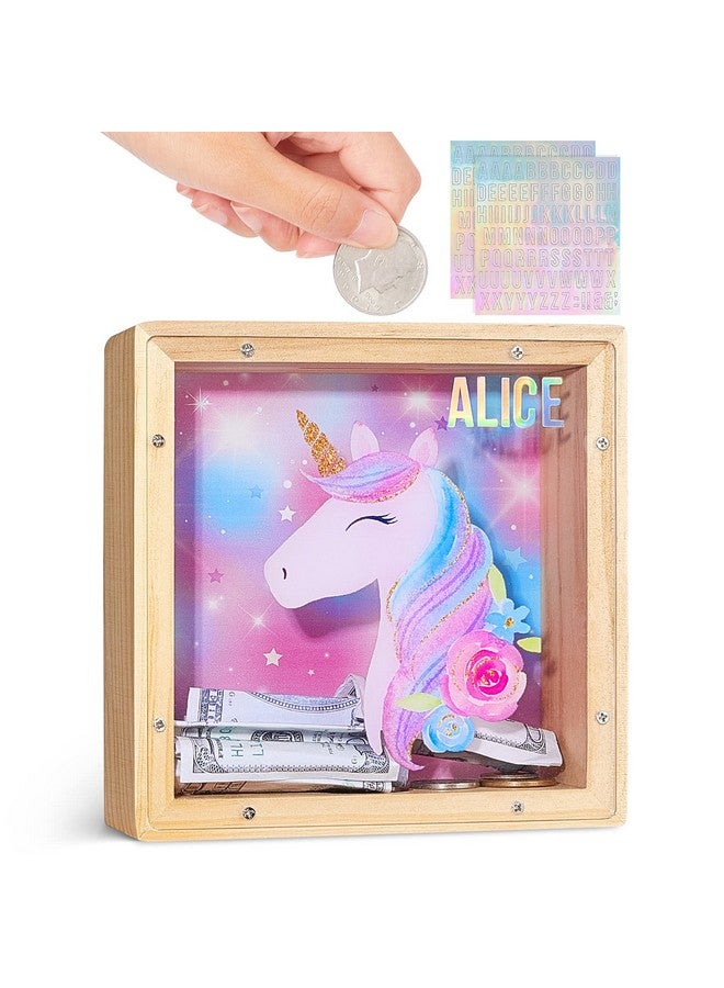 ICOSY Wooden Piggy Bank For Kids Boys Girls Diy Name Coin Bank Unicorn Dinosaur Money Bank With Letter Stickers - Image 1