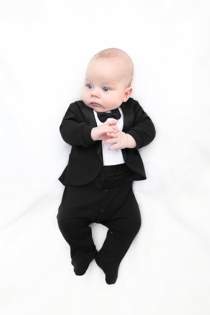Lilax Baby Boy Gentleman Tuxedo Footie Christmas Holiday Outfit with Bow Tie (Newborn, Black) - Image 2