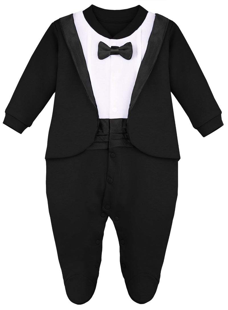 Lilax Baby Boy Gentleman Tuxedo Footie Christmas Holiday Outfit with Bow Tie (Newborn, Black) - Image 1