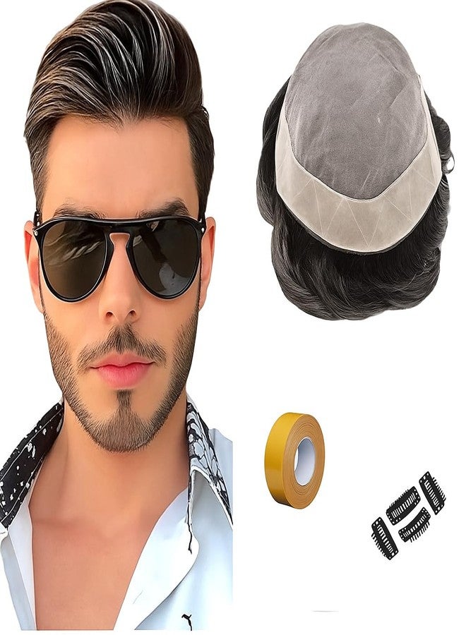 Glorious Hub® Fine Mono Hair Patch for Men | Super Breathable 100% Natural Human Hair Wig with Poly Coated Perimeter for Easy Fixing – Premium Toupee/Hair Replacement System | (Natural Black, 8x5) - Image 1