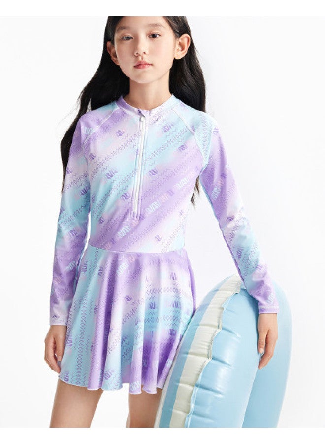 Annil Girls' One-piece Long Sleeve Swimsuit Dress Set, 2025 Summer Gradient Print Fashion Playful Swimwear - Image 1