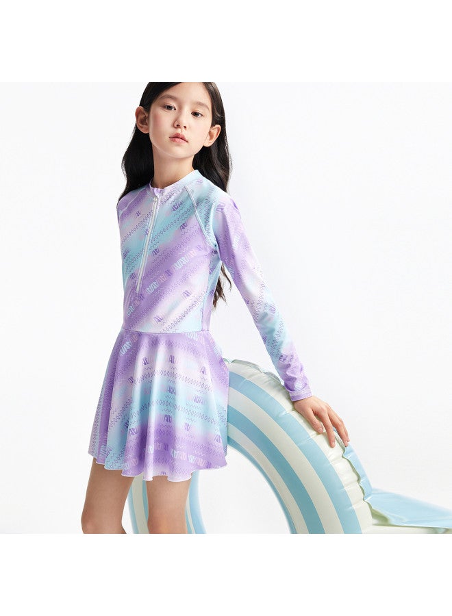 Annil Girls' One-piece Long Sleeve Swimsuit Dress Set, 2025 Summer Gradient Print Fashion Playful Swimwear - Image 4