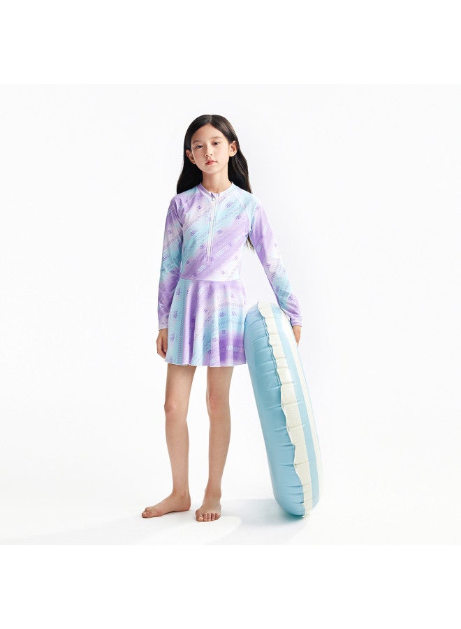 Annil Girls' One-piece Long Sleeve Swimsuit Dress Set, 2025 Summer Gradient Print Fashion Playful Swimwear - Image 5