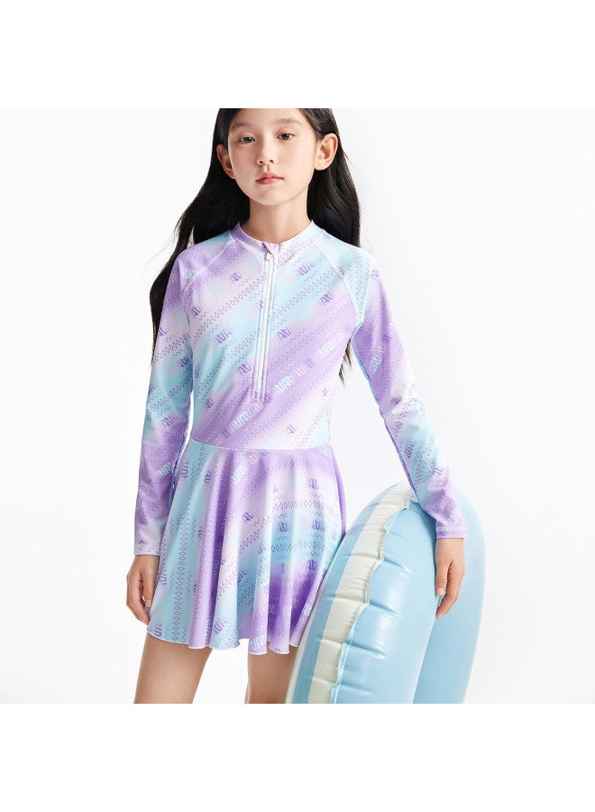 Annil Girls' One-piece Long Sleeve Swimsuit Dress Set, 2025 Summer Gradient Print Fashion Playful Swimwear - Image 2