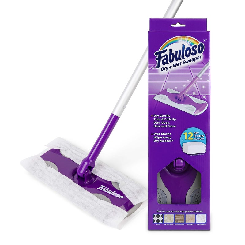 Fabuloso Dry and Wet Sweeper, 2-in-1 Floor Dust Mop for Dry Sweeping and Light Wet Mopping, Lightweight Aluminum Handle, Swivel Low-Profile Head, Bonus 12 Dry Pads Included - Image 1