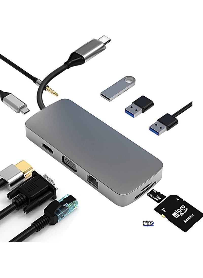 TIGER 10-in-1 USB C HUB to HDMI 4K Adapter with VGA, 100W PD Charging, USB 3.0/2.0, Gigabit Ethernet, SD/TF Card Reader, 3.5mm Audio – Type-C Docking Station for MacBook Pro, Air, Dell, HP & More - Image 1