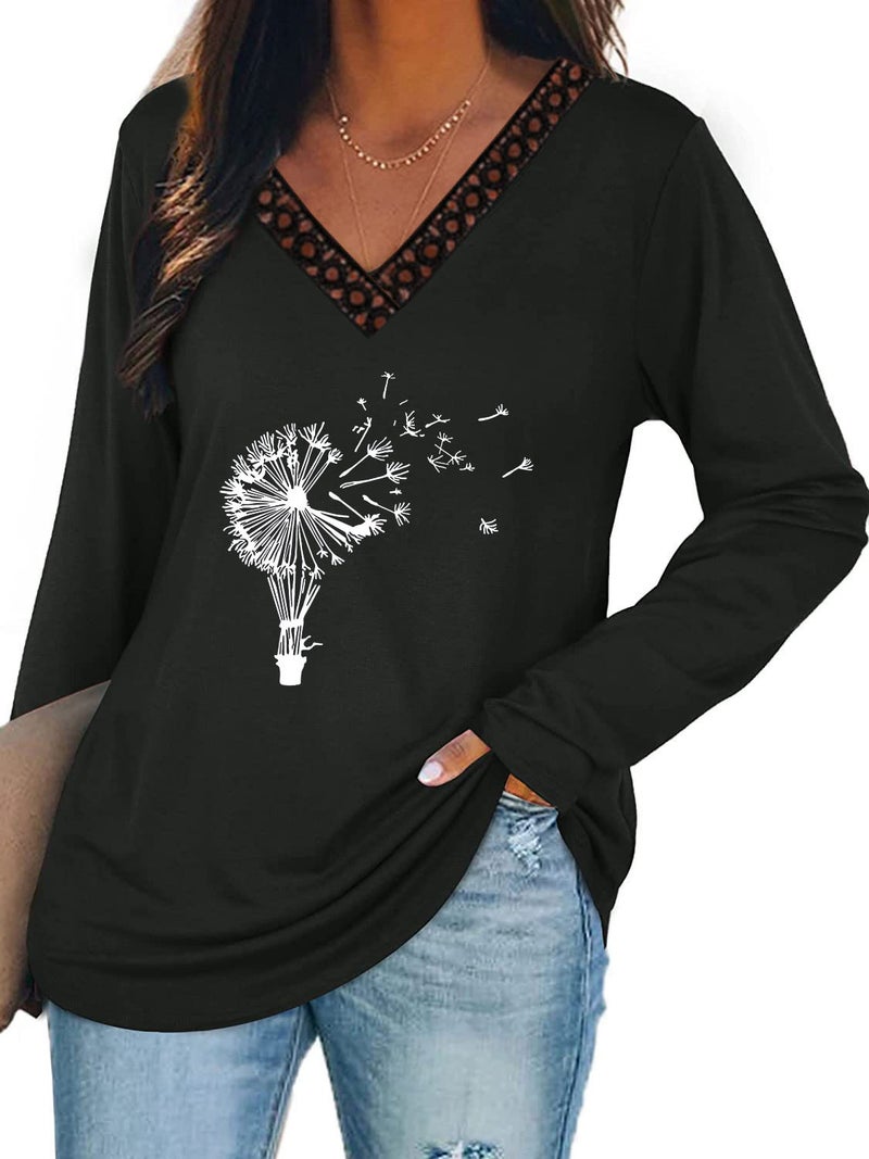 wsih casual women's clothing dandelion print stitching lace V-neck long sleeve T-shirt - Image 4