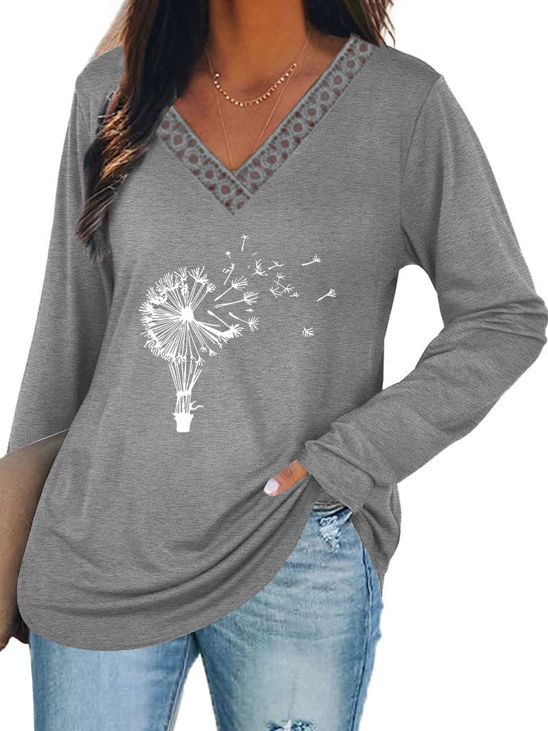 wsih casual women's clothing dandelion print stitching lace V-neck long sleeve T-shirt - Image 3