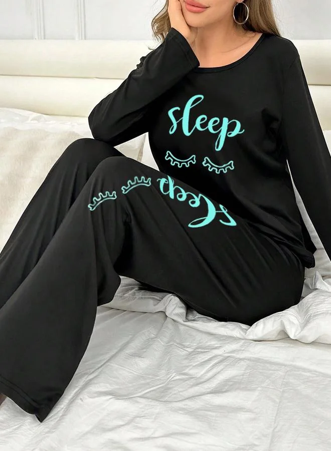 Take Two Take Two Slogan Print Long Sleeve T-Shirt with Bow Detail Pants Set