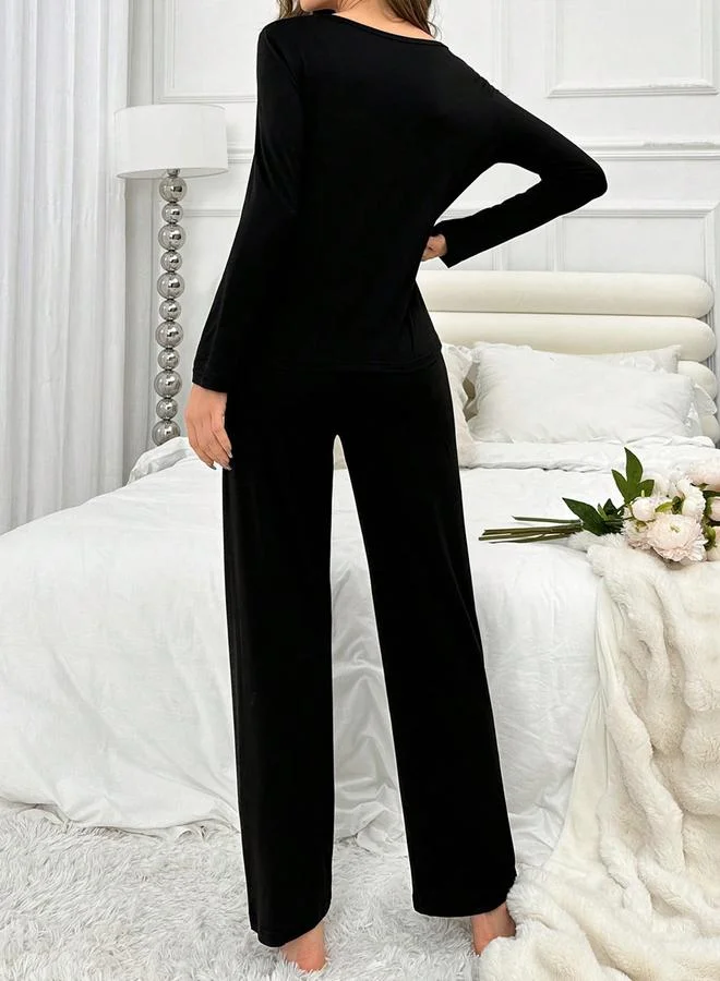 Take Two Take Two Slogan Print Long Sleeve T-Shirt with Bow Detail Pants Set