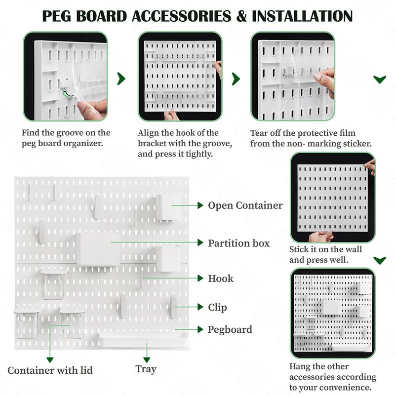 ABOUT SPACE Peg Board - 4 Pcs Pegboard Wall Organizer with Accessories & Self-Adhesive Stickers for Home Office, Bathroom, Kitchen, White Pegboard Wall Hanging (L 28 x H 28 cm)-Metal - Image 4