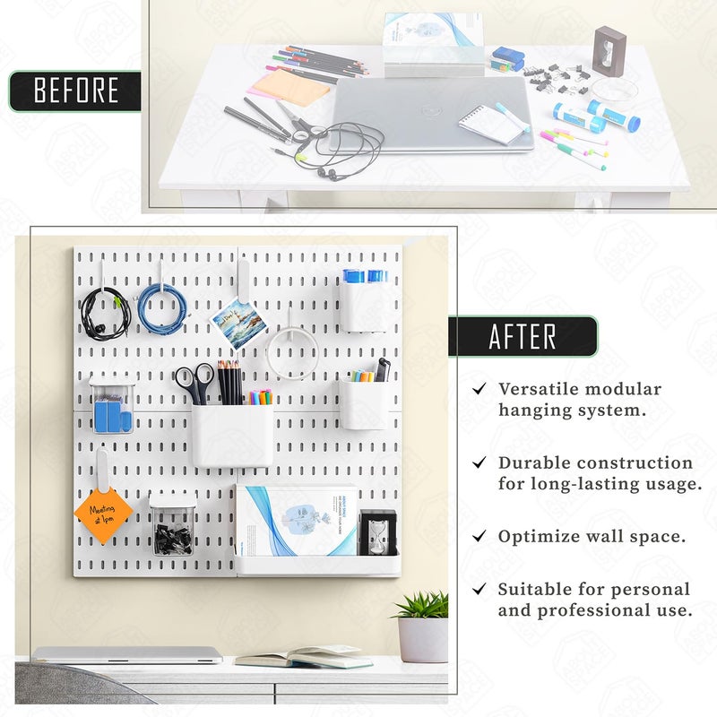 ABOUT SPACE Peg Board - 4 Pcs Pegboard Wall Organizer with Accessories & Self-Adhesive Stickers for Home Office, Bathroom, Kitchen, White Pegboard Wall Hanging (L 28 x H 28 cm)-Metal - Image 3