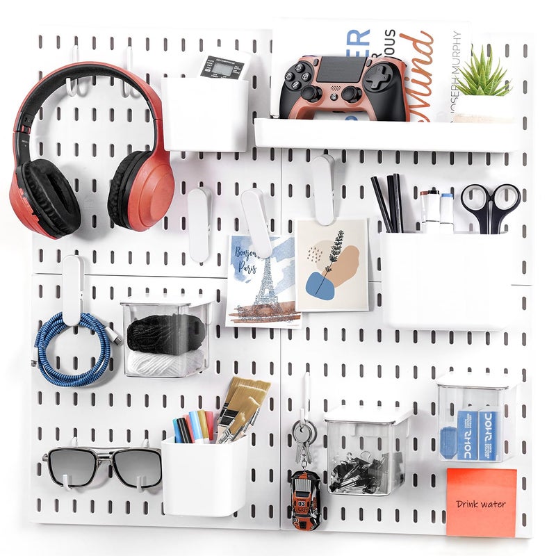 ABOUT SPACE Peg Board - 4 Pcs Pegboard Wall Organizer with Accessories & Self-Adhesive Stickers for Home Office, Bathroom, Kitchen, White Pegboard Wall Hanging (L 28 x H 28 cm)-Metal - Image 1