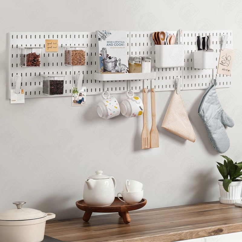 ABOUT SPACE Peg Board - 4 Pcs Pegboard Wall Organizer with Accessories & Self-Adhesive Stickers for Home Office, Bathroom, Kitchen, White Pegboard Wall Hanging (L 28 x H 28 cm)-Metal - Image 5
