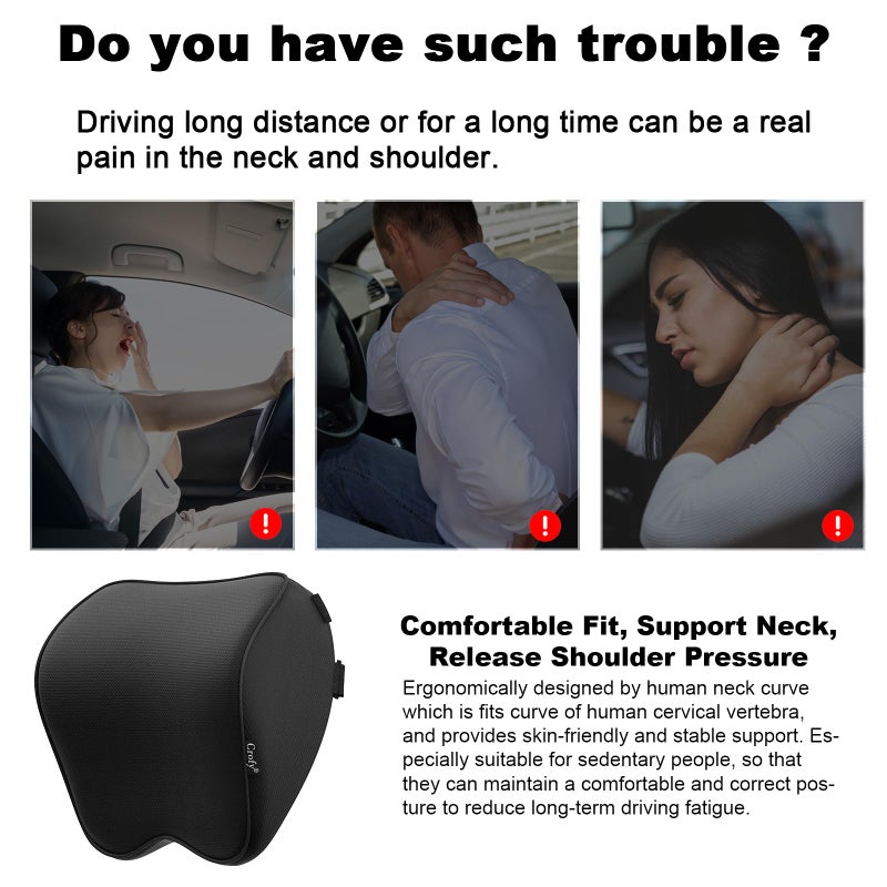 Crofy 2-Pack Car Neck Pillow, Softness Car Headrest Pillow for Driving with Adjustable Strap, 100% Memory Foam and Breathable Removable Cover, Comfortable Ergonomic Design, Black - Image 4
