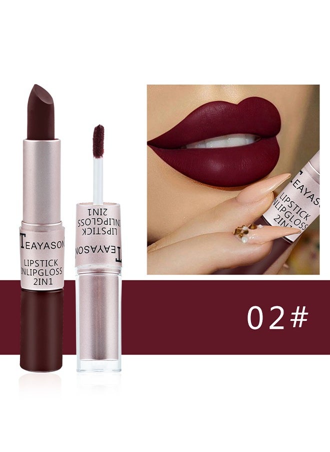 TEAYASON 2In1 Lipgloss & Lipstick -lipstick Double Head Non Stick Cup matte Fog Face Lip Gloss Two In One Paste Non Fading Stick Cup dark red Lip plumping Lipstick (02#)  - Image 1