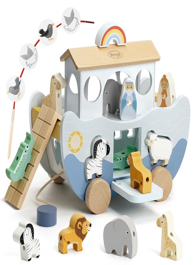 Joyreal Wooden Noah's Ark Toy for 1 Year Old Baby Boy and Girl Baptism Gift - Neutral Color Montessori Educational Toy with Animal Shape Sorter - Christian Toys for Toddler 1-3 Christmas Birthday Gift - Image 1