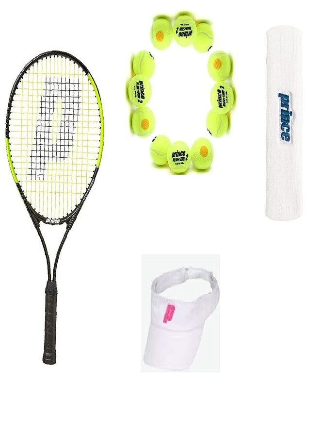 برنس مضرب تنس برينس ثاندر 26، كرة تنس برينس ستيج 2 برتقالية قياسية 12 كرة مع واقي أبيض وردي وشريط رأس أبيض كحلي داكن - Image 1