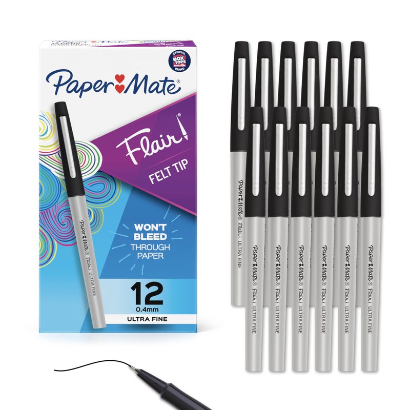 Paper Mate أقلام بيبر ميت فليير ذات رأس شعري، نقطة فائقة الدقة (0.4 مم)، أسود، 12 قطعة، مثالية للكتابة الدقيقة والتعبيرية - Image 1