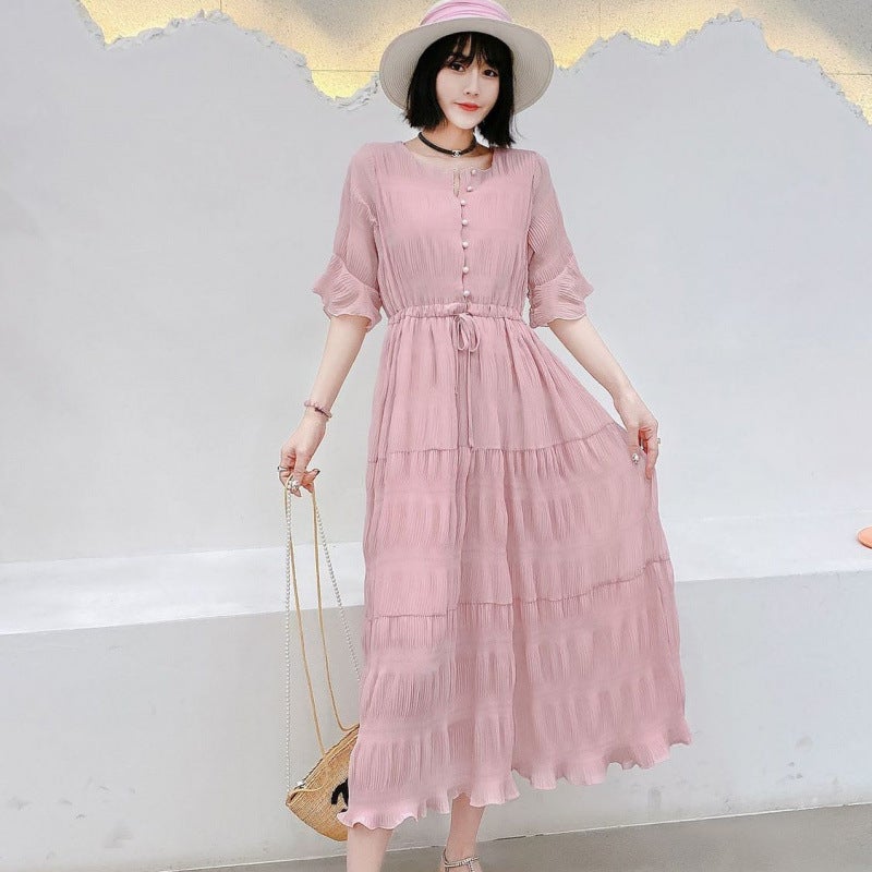 Elegant Fairy Tea Dress White Long Sleeve Spring 2024 Pink short sleeves (good quality)