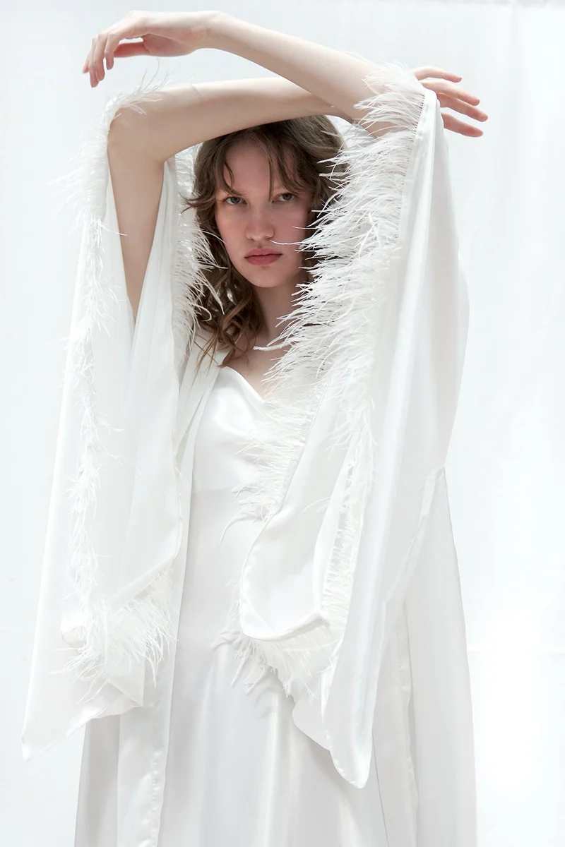 Mita Concept White Silky Satin Batwing Kimono with Ostrich Feather Details