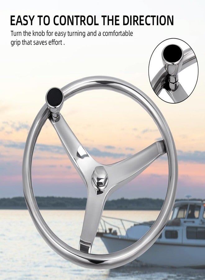 Mojiate Stainless Steel Boat Steering Wheel with Turning Knob, Destroyer Style Stainless Boat Steering Wheel with Safety Grip Knob for Seastar, Verado,Teleflex Cable Helm and More (3-Spoke Style) - Image 4
