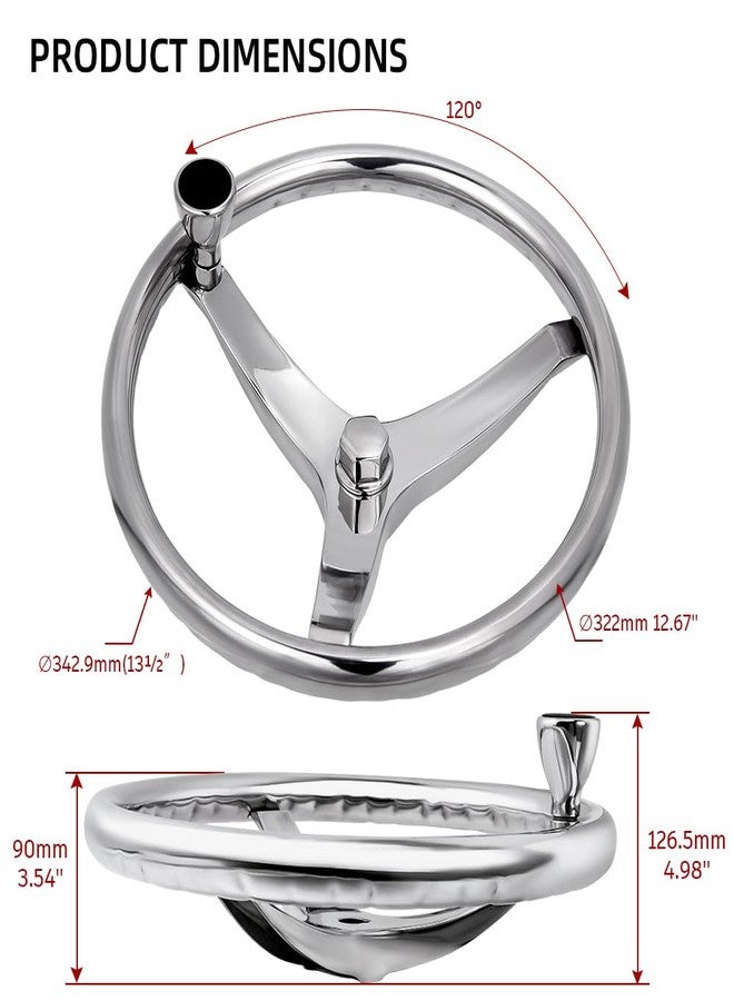 Mojiate Stainless Steel Boat Steering Wheel with Turning Knob, Destroyer Style Stainless Boat Steering Wheel with Safety Grip Knob for Seastar, Verado,Teleflex Cable Helm and More (3-Spoke Style) - Image 2