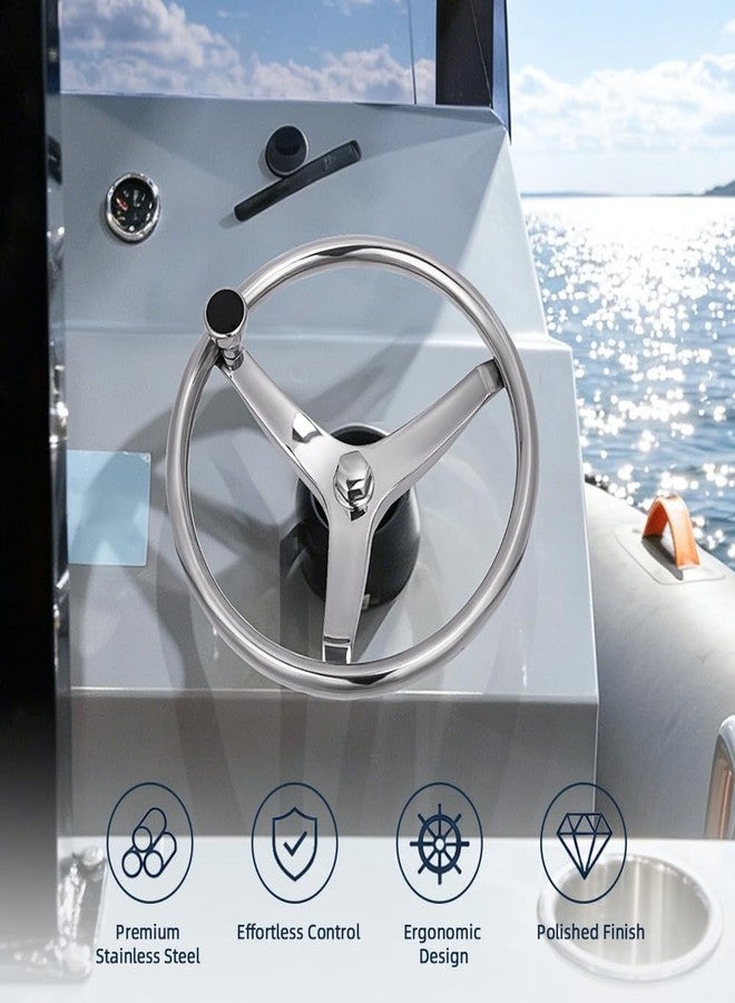 Mojiate Stainless Steel Boat Steering Wheel with Turning Knob, Destroyer Style Stainless Boat Steering Wheel with Safety Grip Knob for Seastar, Verado,Teleflex Cable Helm and More (3-Spoke Style) - Image 5