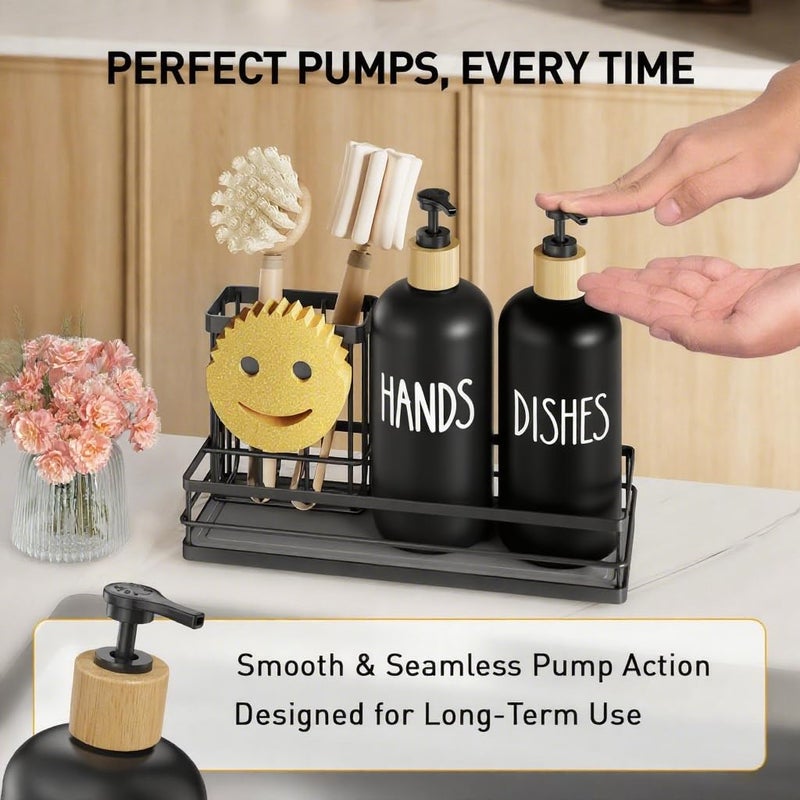 Moforoco Kitchen Dish Soap Dispenser Set 16OZ زجاج زجاجة اليد وصابون الأطباق مجموعة صينية جافة فورية غير قابلة للانزلاق حامل فرشاة سيليكون مع حامل إسفنجة وجه مبتسم (أسود) - Image 3