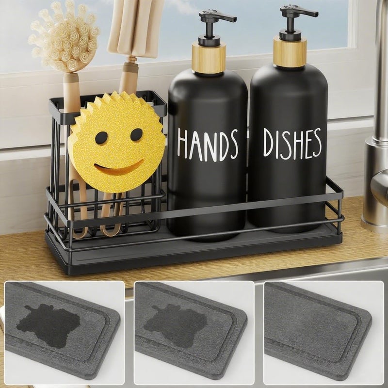 Moforoco Kitchen Dish Soap Dispenser Set 16OZ زجاج زجاجة اليد وصابون الأطباق مجموعة صينية جافة فورية غير قابلة للانزلاق حامل فرشاة سيليكون مع حامل إسفنجة وجه مبتسم (أسود) - Image 1
